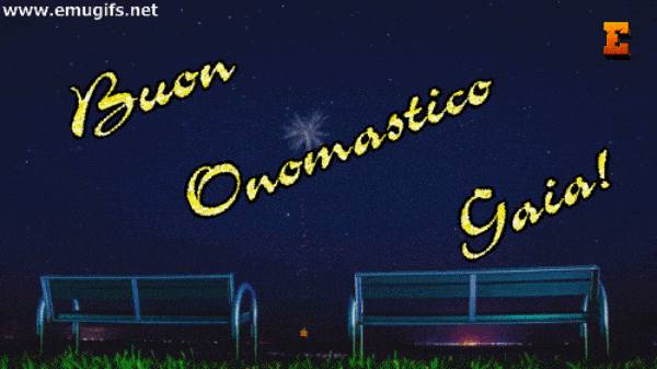 Buon Onomastico Gaia GIF Animata per 10 Marzo con Frase di Auguri e Scritta Glitter Brillante nel Cielo Stellato con Sottofondo di Fuochi Artificiali