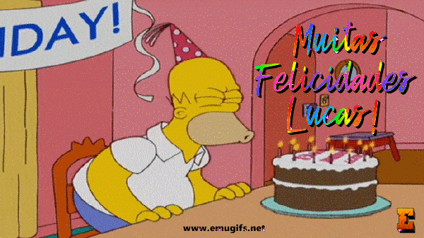 Parabéns Aniversário Muitas Felicidades Lucas GIF com Bolo de Aniversario Frase de Saudacao com Homer Simpson Para WhatsApp
