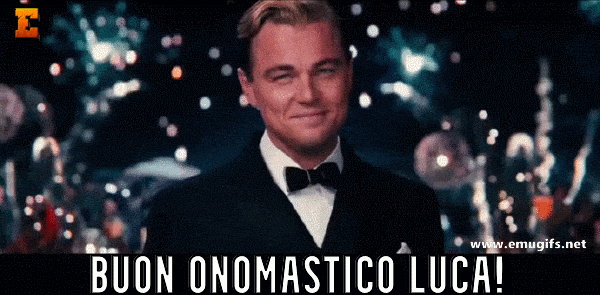 GIF Auguri di Buon Onomastico Luca per Festa del 18 Ottobre San Luca Animazione con Leonardo Di Caprio e la Coppa di Champagne dal Film Il Grande Gatsby