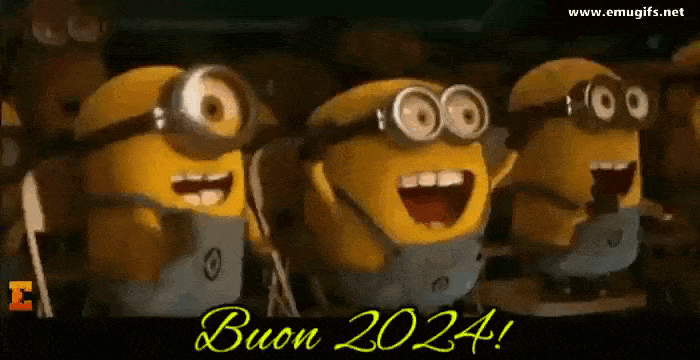Buon 2024 GIF Divertente con i Minions che Festeggiano la Mezzanotte di San Silvestro il 31 Dicembre