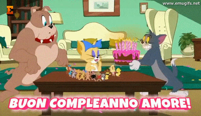 Buon Compleanno Amore GIF di Auguri da Inviare al Proprio Ragazzo di cui sei Innamorata per Festeggiare il Compleanno in Maniera Originale e Simpatica con Tom e Jerry Scarica Gratis la Cartolina