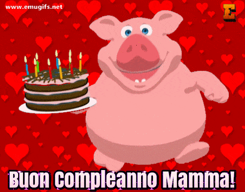 Buon Compleanno Mamma GIF con Torta e Candeline Divertente Animazione con Tanti Cuoricini sullo Sfondo © Emugifs