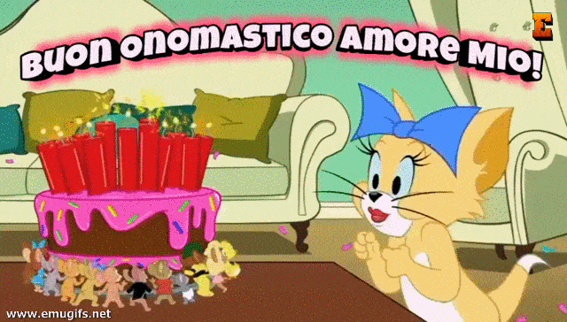 Buon Onomastico Amore Mio GIF Divertente con Frasi di Auguri e Torta con Candeline con i Personaggi del Cartone Animato Tom e Jerry Scarica Gratis sul Tuo Smartphone e Invia allla Tua Fidanzata