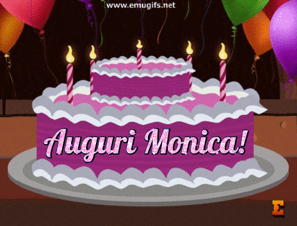 Auguri Monica GIF per Compleanno con Nome Personalizzato e Torta Animata con Candeline da Inviare su WhatsApp
