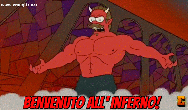Benvenuto all Inferno GIF di Ned Flanders Trasformato in Diavolo nello Speciale del Cartone Animato I Simpsons La Paura Fa Novanta MEME da Usare come Reazione su Facebook e WhatsApp