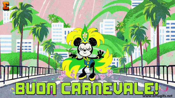 GIF Animata di Buon Carnevale con Minnie Topolina che Balla la Samba Brasiliana Scarica Gratis e Invia su WhatsApp come Cartolina Divertente