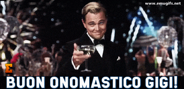 Buon Onomastico Gigi GIF per il Giorno 21 Giugno Auguri Personalizzati con Nome e Leonardo DiCaprio che Brinda con una Coppa di Champagne Scarica e Invia su WhatsApp