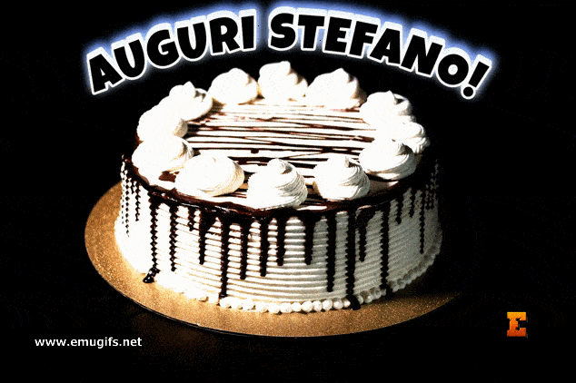 Auguri Stefano GIF con Nome Personalizzato e Grande Torta Panna e Cioccolato