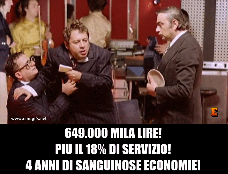 649 000 Mila Lire piu il 18% di Servizio Quattro Anni di Sanguinose Economie Fantozzi Paga il Conto al Night Club Ippopotamo GIF E MEME